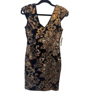 NWT Guess Los Angeles 2 Black Velvet & Gold Sequin Floral Bodycon Dress